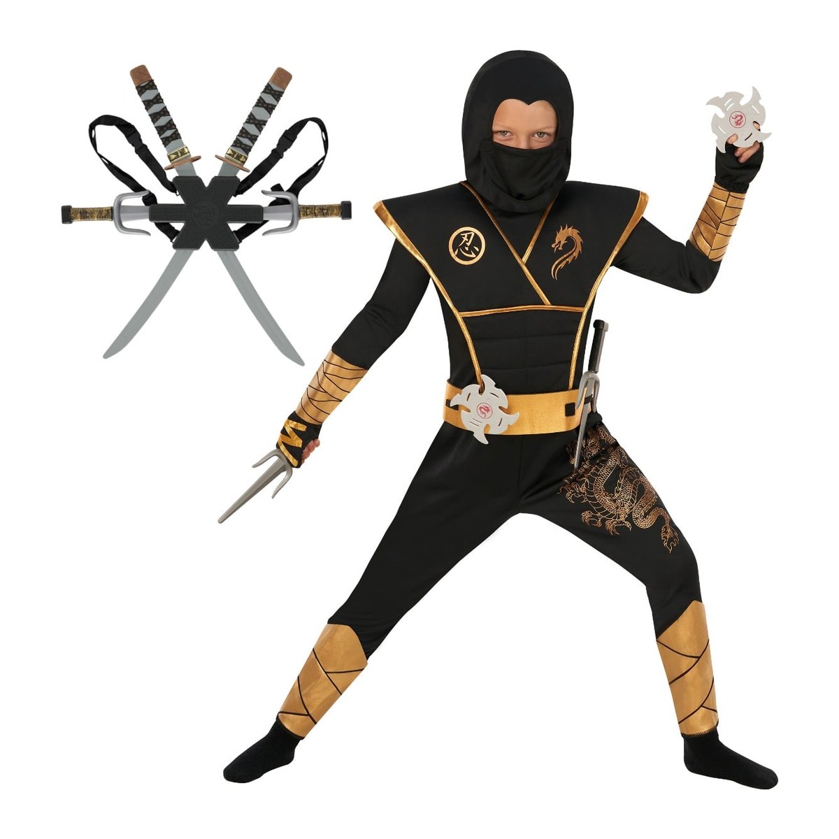 Jungen Gold-Schwarzes Ninja Kostüm mit Rucksack