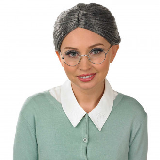 Graue Oma Dutt Perücke und Brille